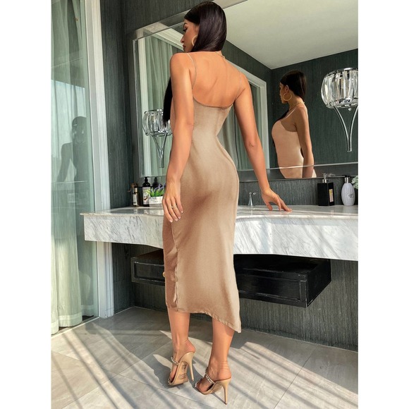 Cami straight neck Ruched Bodycon midi Dress black - Picture 7 of 11